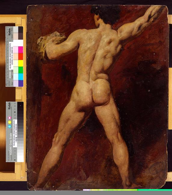 Two male nudes, one kneeling with a staff (recto); back of male nude (verso)
