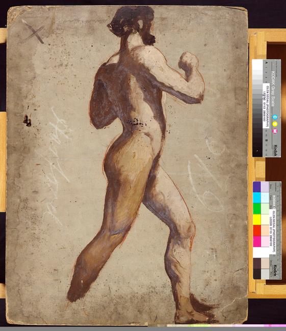 Male nude walking (recto); male nude boxing (verso), with drapery and small figure study