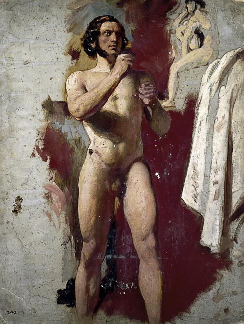 Male nude walking (recto); male nude boxing (verso), with drapery and small figure study