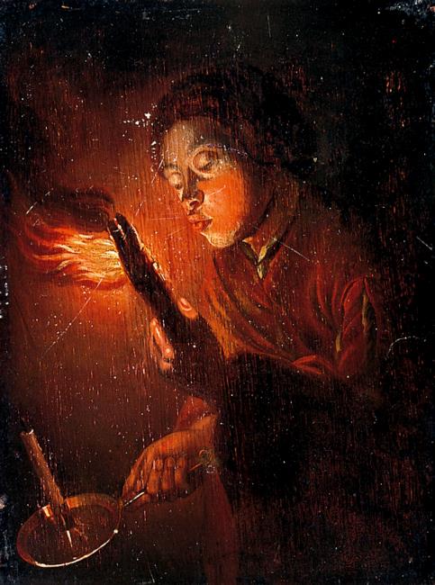 Woman with a candle blowing out a torch