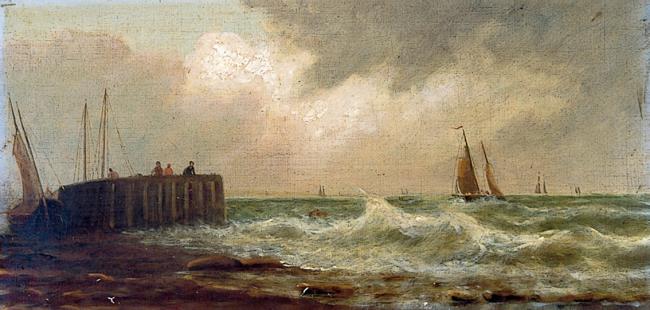 Sailing ships approaching harbour