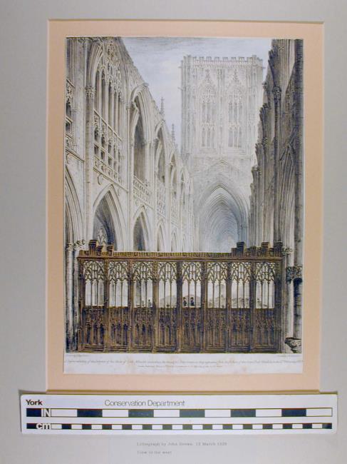 A Representation of the Interior of the Choir of York Minster, including the beautiful Altar screen, as they appeared from the bottom of the large East Window, on the 3rd February 1829.