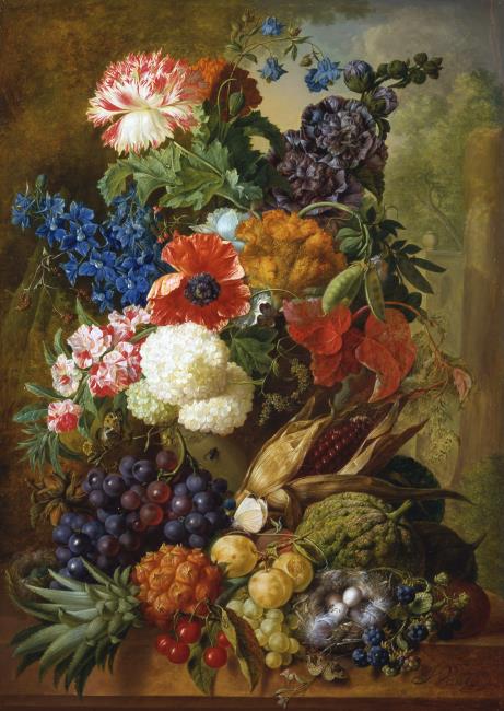 Still life of fruit and flowers with bird's nest on a marble ledge