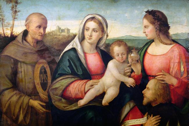Sacra Conversazione: St. Berndino and a female Saint presenting a Donor