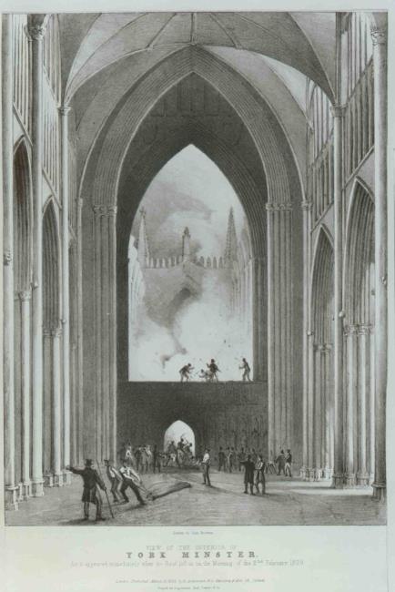 View of the Interior of York Minster.  As it appeared immediately after the Roof fell in on the morning of the 2nd February, 1829