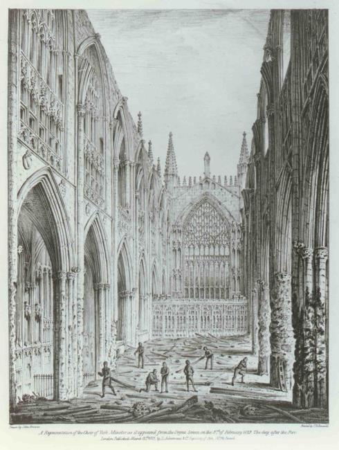 A representation of the Choir of York Minster, as it appeared from the Organ Screen, on the 3rd of February 1829.  The day after the Fire