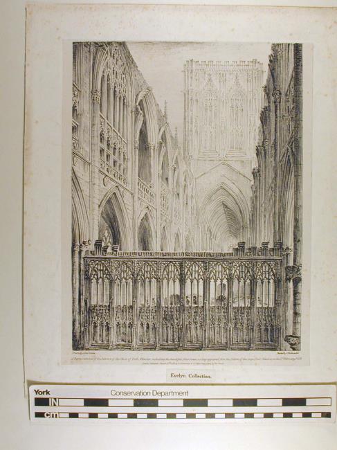 A Representation of the Interior of the Choir of York Minster, including the beautiful Altar screen, as they appeared from the bottom of the large East Window, on the 3rd February 1829.