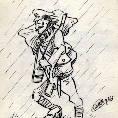 Sketch by Albert E V Richards of an officer in the rain