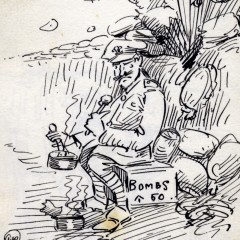 Sketch by Albert E V Richards of a soldier being shelled by Germans