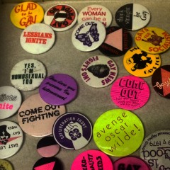 Badges from LGBT campaigns and pride marches in the 1980s