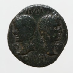 Obverse of a Roman coin from Egypt showing Augustus and Agrippa YORYM:2001.1344
