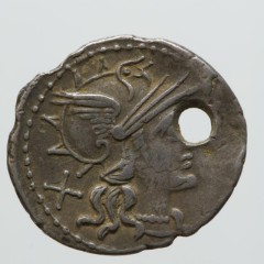 Obverse of a pierced coin showing Roma YORYM:2000.1153