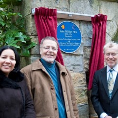 Reyahn King (York Museums Trust); Rod Leonard (Yorkshire Philosophical Society; and David Fraser (York Civic Trust) at the unveiling of the blue plaque to John Phillips FRS at St Mary’s Lodge in the Museums Gardens. Credit: Nigel Kirby
