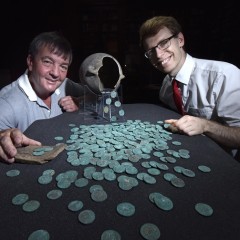Metal detectorist David Blakey (left) with York Museums Trust's curator of numismatics Dr Andrew Woods (right) and the Wold Newton Hoard (image © Anthony Chappel-Ross)