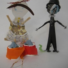 Two figures made from recycled materials by visitors at the Yorkshire Museum