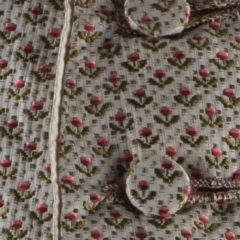 Close-up detail of buttons and floral patterned fabric