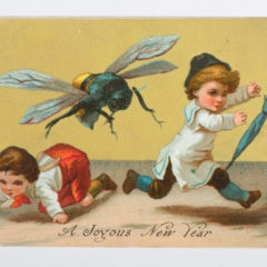 An illustration of two children being attacked by a giant bee.