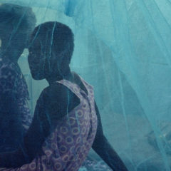 Two women and a child, wearing purple dresses, sat behind a blue blind.