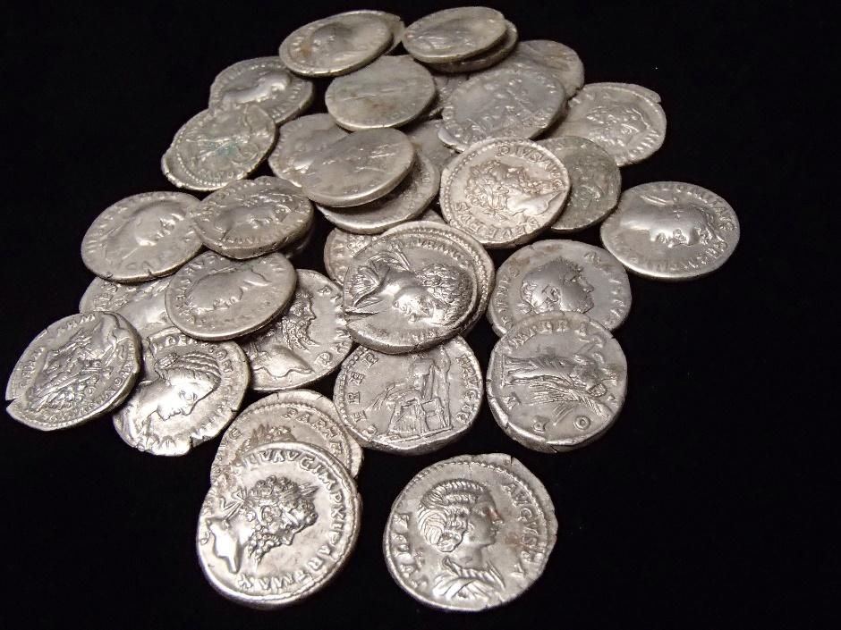 A collection of silver Roman coins.