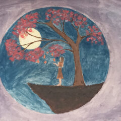 Purple background surrounds a circle in which a girl touches leaves on a tree with a moon in the background.