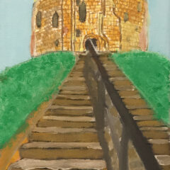 Painting of Cliffords Tower York. The brick remains of a castle are at the top of a steep row of steps on a green grass hill.