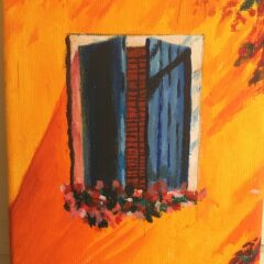 A painting of an orane wall with a window with blue shutters. There's some small pink and green flowers under the shutters.