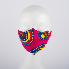 A white mannequin wearing a colourful face mask